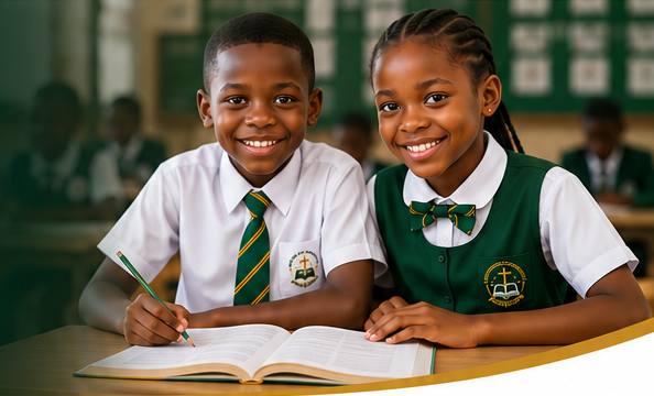 Nigerian primary school pupils smiling in uniform